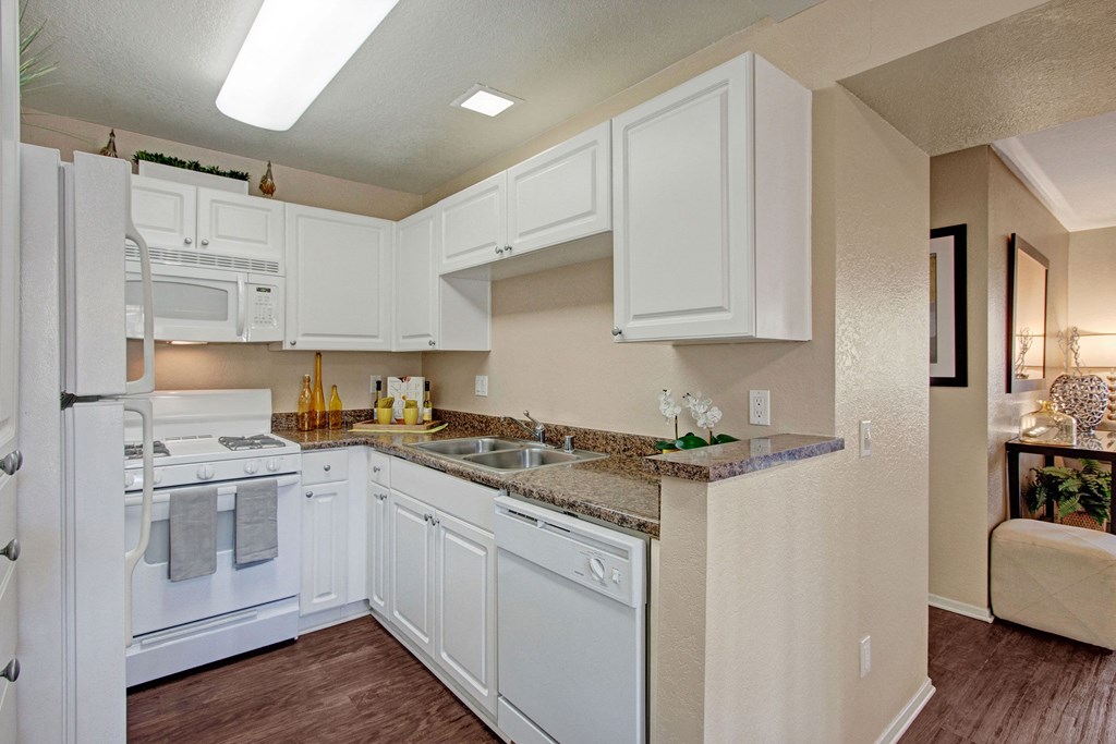 Castlepark Kitchen Bright kitchen here at Castlepark Apartment Homes with white cabinets, granite countertops, and stainless steel sink. Modern stove and microwave. Warm, inviting tone.