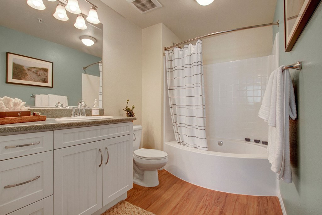 Bright bathroom here at Vesada Apartment Homes with wood flooring. Features white vanity with dual sinks, a large mirror, and lights. Bathtub has a striped shower curtain.