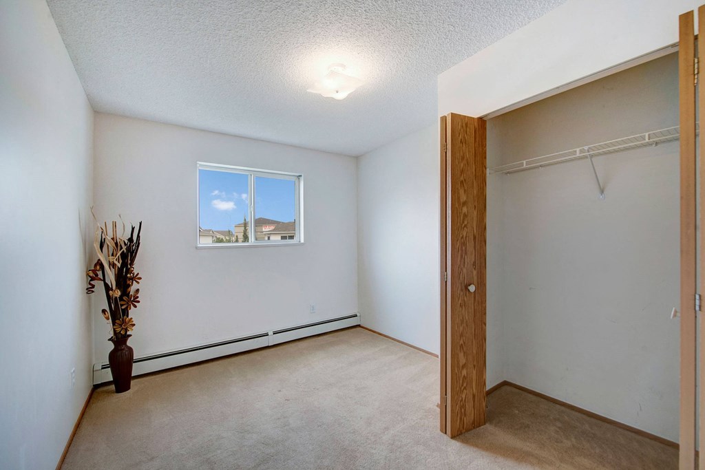 Small, empty room here at Aspen Terrace Apartment Homes with beige carpet and white walls. A single window shows a clear blue sky. An open closet with wooden doors is on the right.