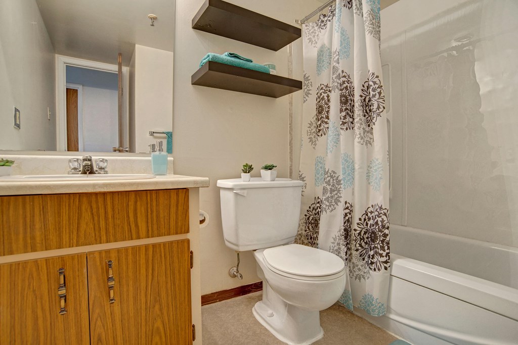Small, clean bathroom here at Centre Pointe Plaza Apartment Homes with wooden vanity and white sink. A toilet has two small plants on top. Brown and blue floral shower curtain adds a calm vibe.