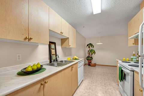 a kitchen with white appliances and wooden cabinets and a sink