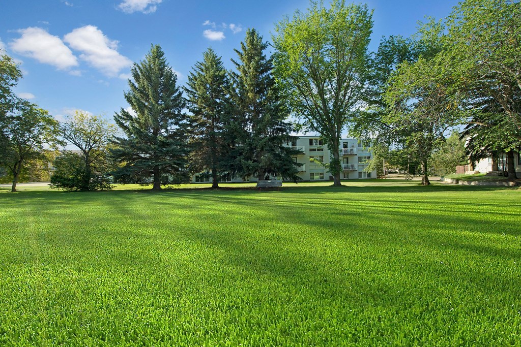 Sunny day with a vast green lawn bordered by tall trees near Gateway Gardens Apartment Homes. In the background, a white apartment building is partially visible, conveying serenity.