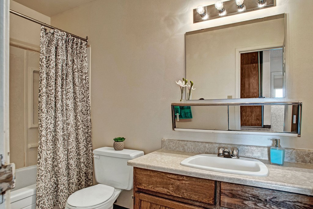 Bathroom here at Madison Park Apartment Homes with a wooden vanity and granite countertop, a large mirror, modern light fixtures, a patterned shower curtain, and a small plant on the toilet.