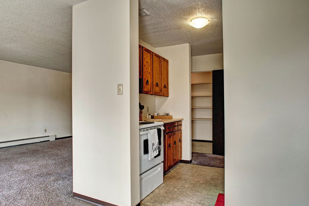 Simple apartment interior here at Madison Park Apartment Homes with beige walls, carpeted living area, and small kitchen. Kitchen features wooden cabinets and a white stove. Mood is plain and functional.