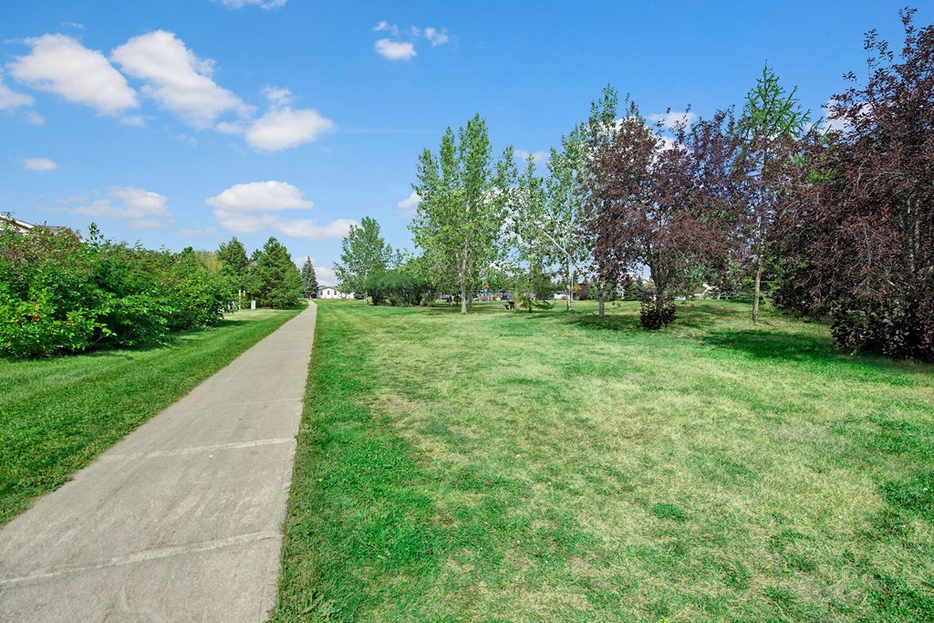 A peaceful park scene near Manning Crossing Apartment Homes with a clear blue sky and scattered white clouds. A concrete path runs alongside lush green grass and tall trees.