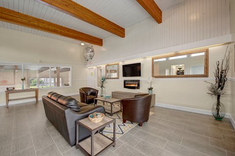 a living room with a couch and chairs and a fireplace