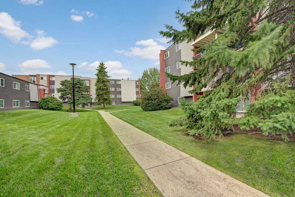 Pathway through a well-maintained lawn leads to our modern Park Place South Apartment Homes buildings. Tall trees and shrubs frame the peaceful scene under a clear sky.