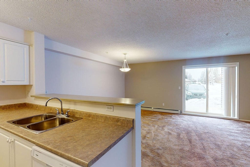 Spacious living area here at The Pointe at Applewood with beige carpet, light purple walls, and a central hanging light. A kitchen counter with a sink is in the foreground. A glass door leads outside to a snowy scene. Cozy and inviting atmosphere.