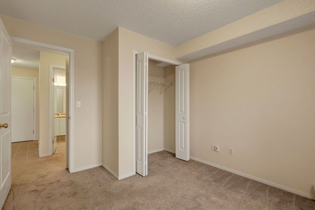 Empty beige room here at The Pointe at Applewood with a carpeted floor, open closet with white folding doors, and a visible hallway leading to a bathroom. Bright and clean ambiance.