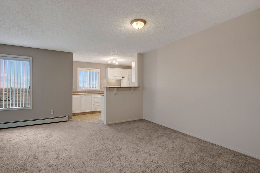 Spacious living room here at The Pointe at Applewood with beige carpet and neutral walls, featuring a partly visible kitchen with white cabinets and a window, creating a calm and inviting ambiance.