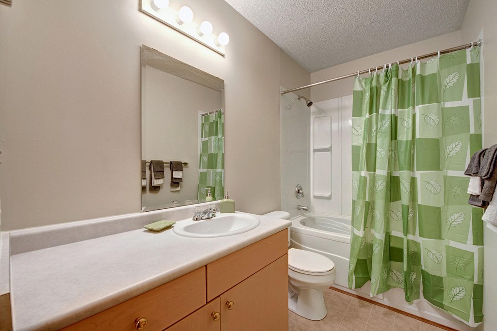 A bathroom with shower, tub, and a mirror above the sink A bright bathroom here at Ridgeview Village Apartment Homes with a green leaf-patterned shower curtain, white bathtub, cream countertop, and mirror above a wooden cabinet. Tidy and serene ambiance.