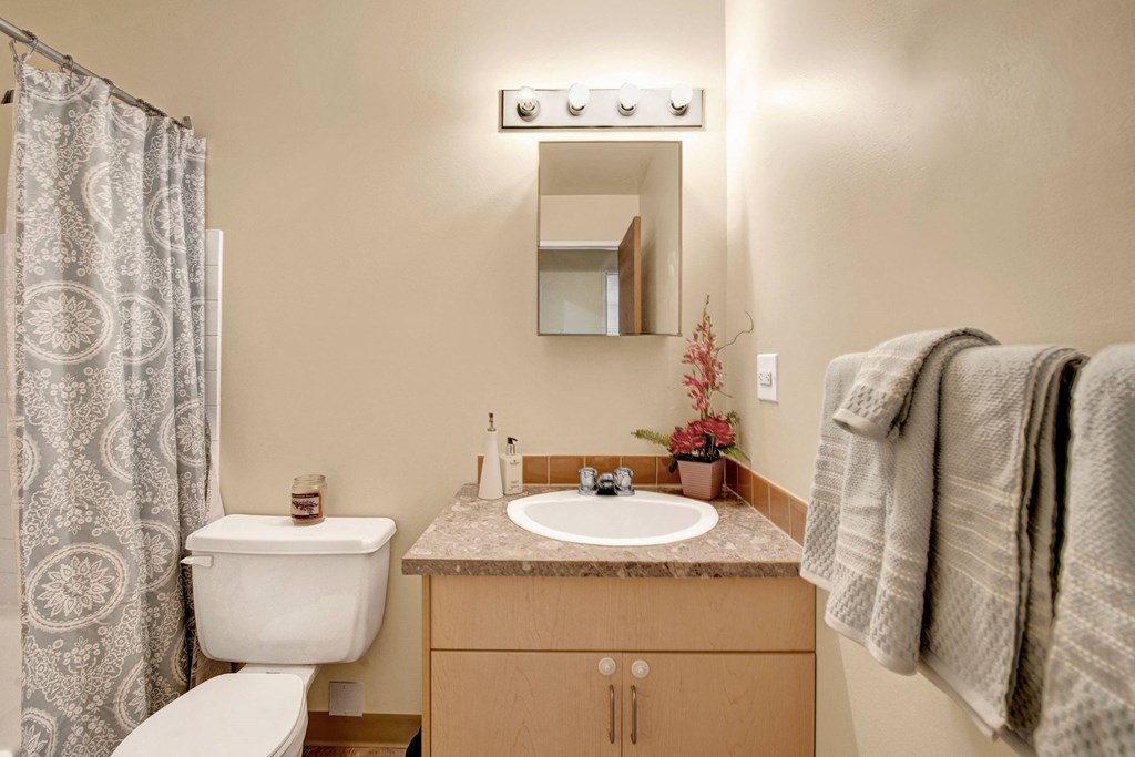 Small bathroom here at Sterling Place Apartment Homes with beige walls, featuring a vanity with a marble countertop, mirror, and overhead lights. Towels hang on a rack, floral decor, and a patterned shower curtain add accents.