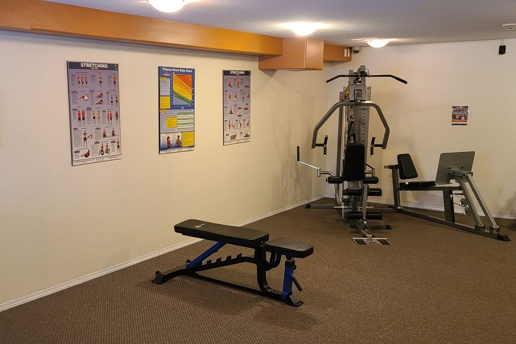Small gym room here at Ventana Apartment Homes with exercise equipment, including a weight bench and multi-use machine. Wall posters display fitness charts. Warm lighting creates a welcoming atmosphere.