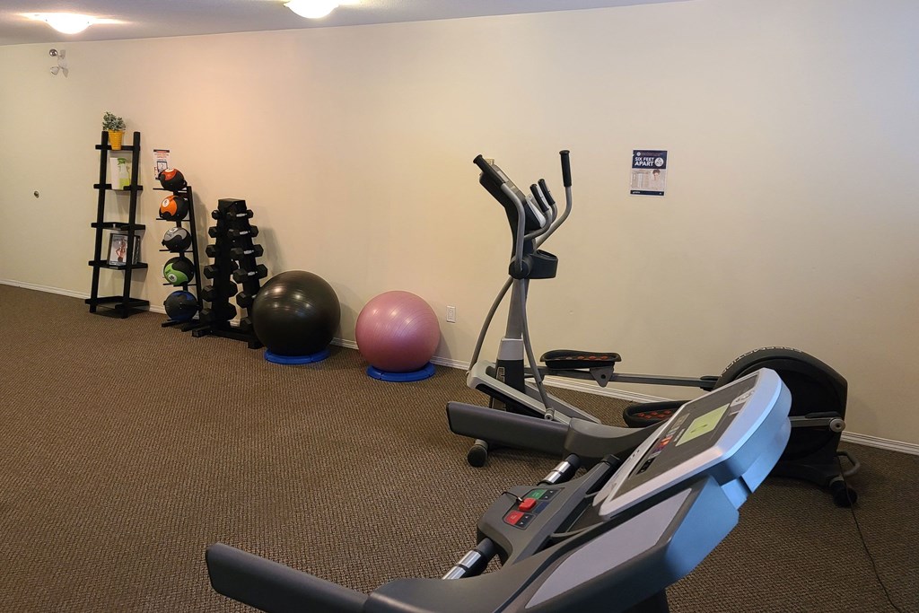 Small gym room here at Ventana Apartment Homes with exercise bikes, dumbbells, medicine balls, and yoga balls on a brown carpet. Soft lighting creates a calm, inviting atmosphere.