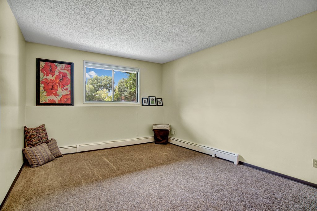 Empty beige room here at Ventana Apartment Homes with carpet, large window, and floral painting. Three small frames sit by a laundry basket, evoking simplicity and calm.