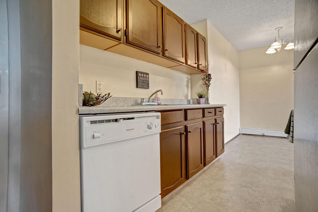 Compact kitchen here at Ventana Apartment Homes with wooden cabinets and beige countertop. A white dishwasher is below the sink. Wall decor and a plant add a cozy touch. Bright lighting.