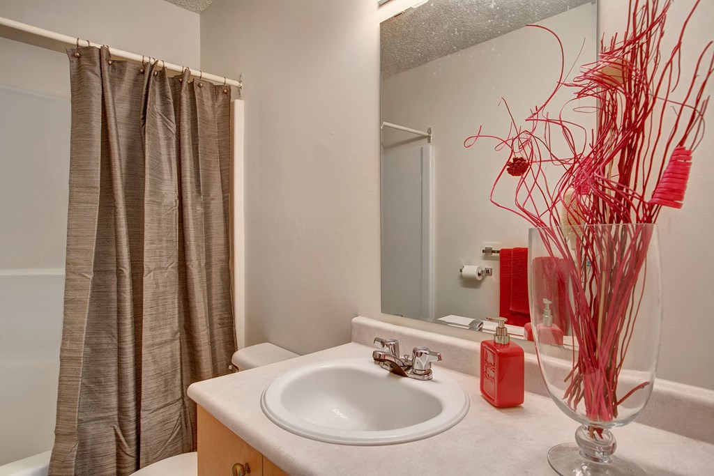 Small bathroom here at Villagio Apartment Homes with gray shower curtain, white sink and countertop. Red soap dispenser and decorative red twigs in vase add a pop of color.