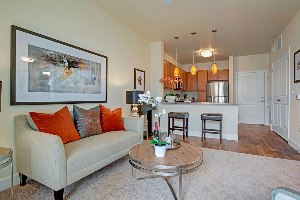 Elements at Briargate Living Room Kitchen Apartments in Colorado Springs, CO