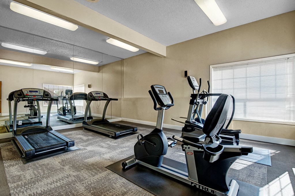 Grand View Fitness Center Cardio Equipment A small, well-lit gym here at Grand View Apartment Homes features two treadmills facing wall mirrors and an elliptical near a large window. The room has a tidy, orderly appearance.