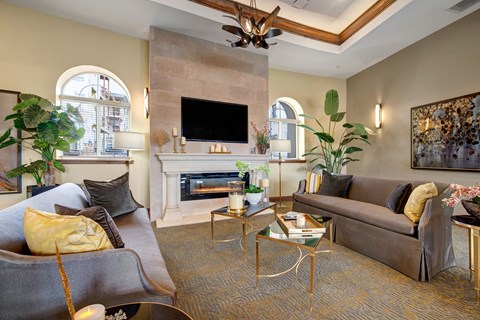 a living room with couches and chairs and a fireplace