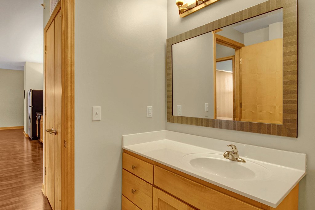 Bright bathroom here at Lofts at Farmers Market Apartment Homes with light wood cabinetry, white countertop, and large framed mirror. A wooden door and hallway with hardwood flooring are visible.