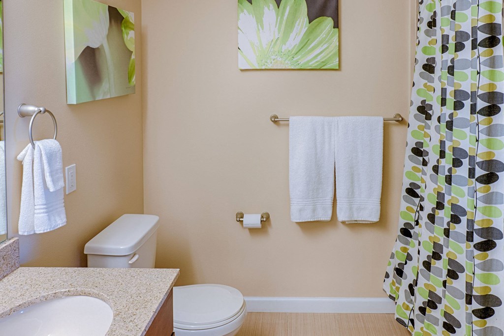 Modern bathroom here at Dakota Ridge Apartment Homes with beige walls, featuring a granite countertop, white towels on a metal rack, floral artwork, and a shower curtain with green and gray patterns.
