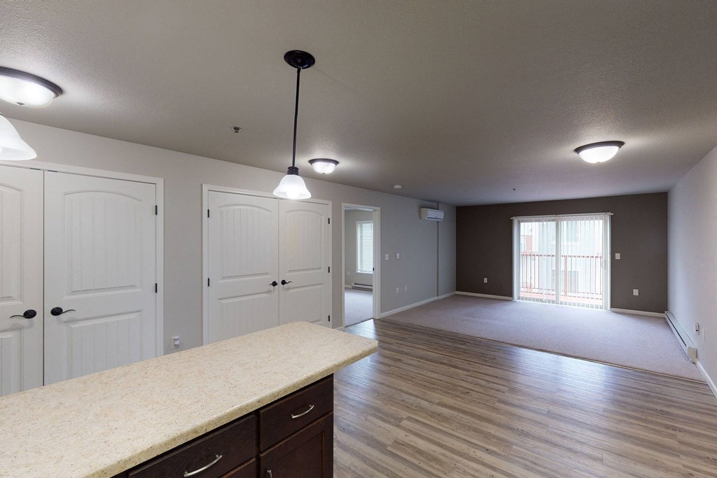 Spacious open-concept apartment here at Renaissance Heights Apartment Homes with wood flooring, neutral walls, modern lighting, and large windows. Dual white doors and ample natural light.