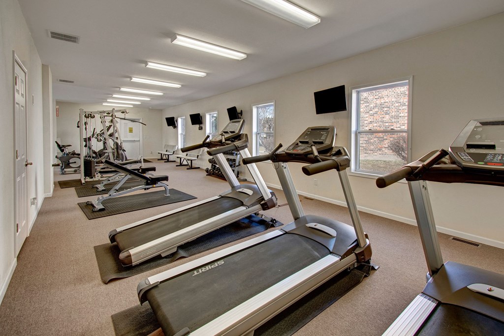 A well-lit gym here at Windscape Apartment Homes with treadmills in the foreground, weight machines along the left wall, and two windows on the right. The space is clean and modern.
