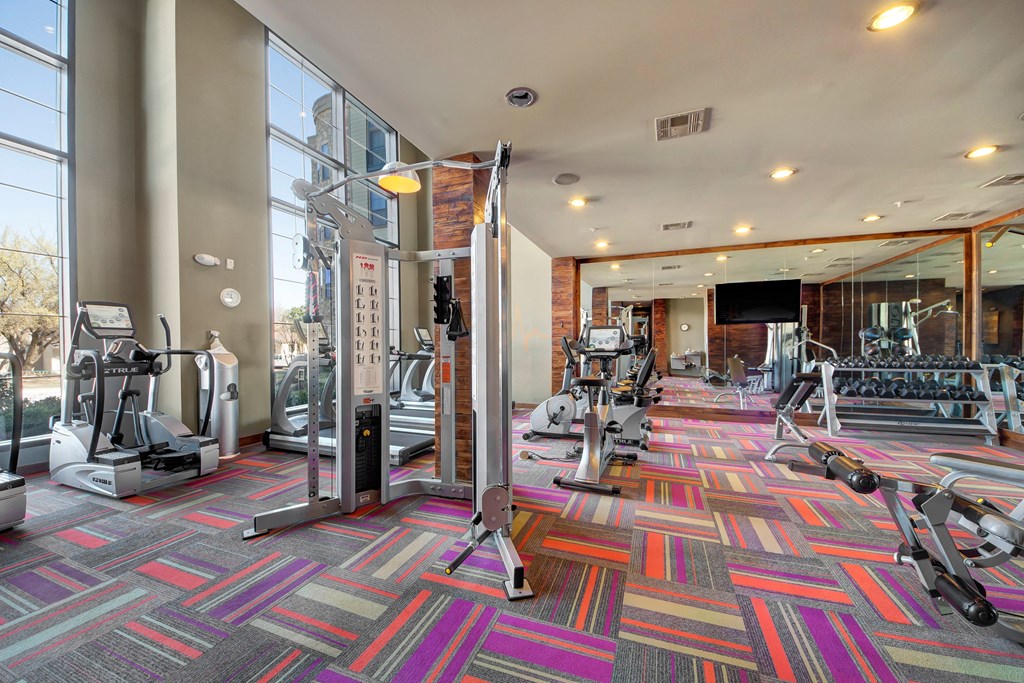 Bright, spacious gym here at the Enclave at Brookside Apartments with vibrant multicolored carpet, modern exercise equipment including ellipticals and weights. Large windows provide natural light.