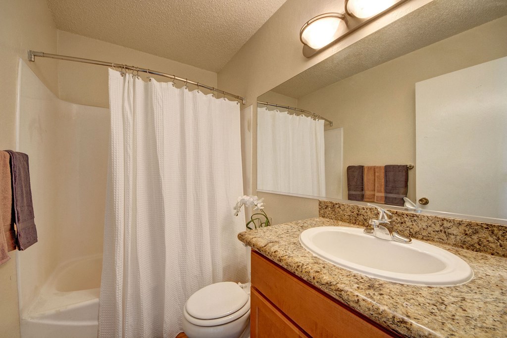 Compact bathroom here at Avalon Springs Apartment Homes with granite countertop, oval sink, and a large mirror. White shower curtain, orchid plant, and folded towels add a cozy feel.