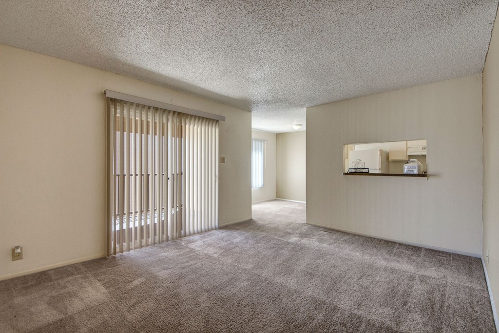 Empty living room here at Fairgreen Apartment Homes with beige carpet and neutral walls, featuring vertical blinds on a sliding glass door. A pass-through window reveals a glimpse of the kitchen.