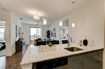 Florence at the Harbor living area and kitchen space Apartment near DFW - Photo Gallery 4