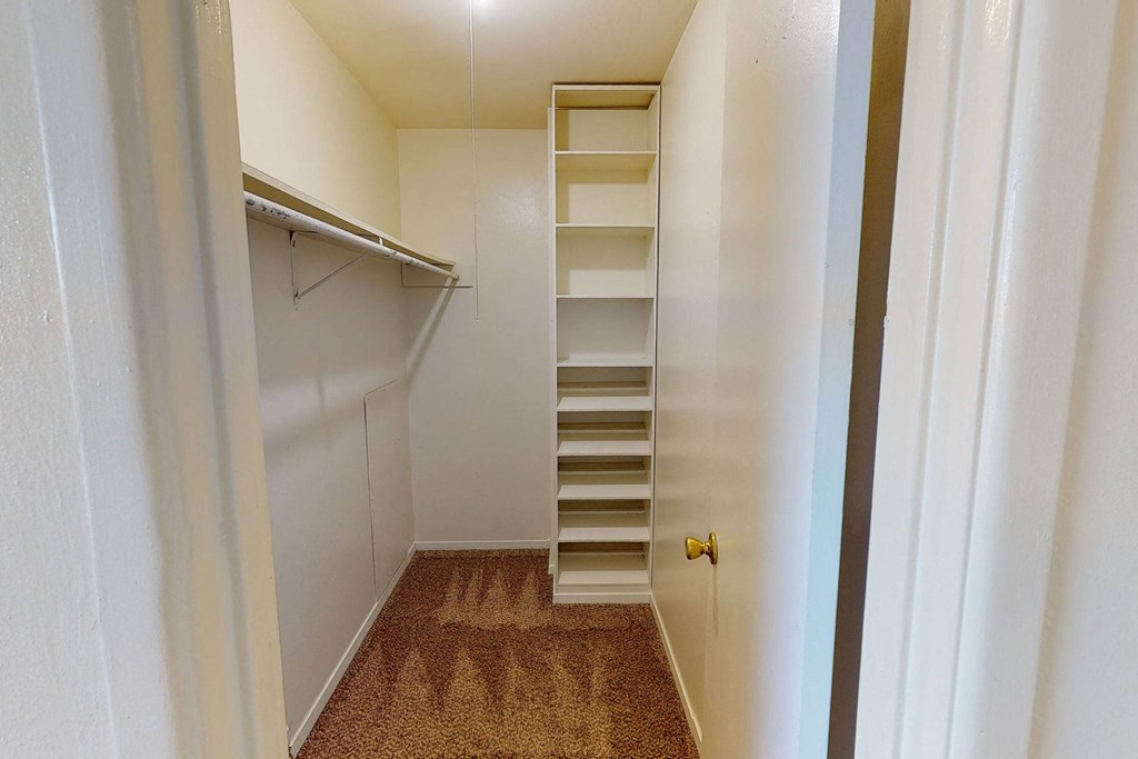Empty white walk-in closet here at Golden Crest Apartment Homes with a brown carpet, featuring shelves and a hanging rod. The lighting is bright, creating a clean, spacious feel.