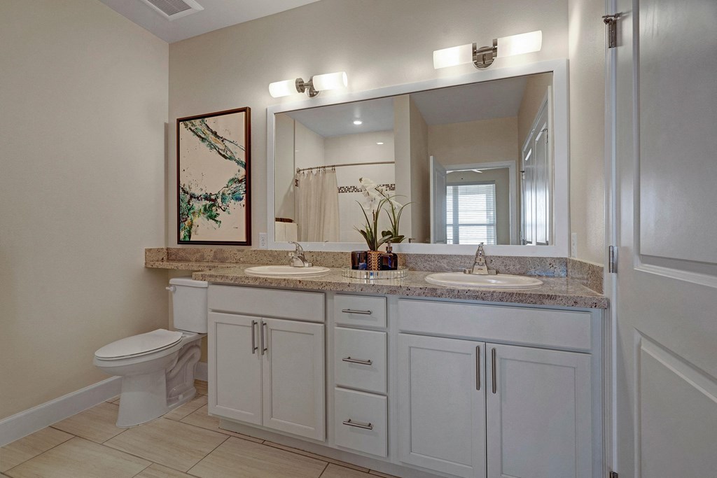 Modern bathroom here at Latitude 31 Apartment Homes with a large mirror, dual sinks on a granite counter, and bright lighting. A framed abstract art piece hangs near a white toilet.