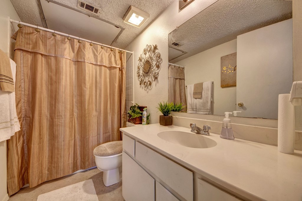 A cozy bathroom here at Summertree Place Apartment Homes with beige tones, featuring a brown striped shower curtain, white countertop, potted plants, decorative wall art, and a large mirror.