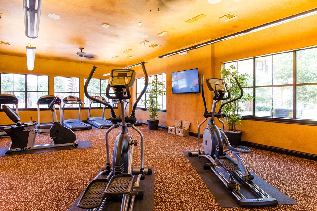 Bright gym here at Tuscany at Faudree Apartment Homes with orange walls featuring multiple treadmills, elliptical machines, and a wall-mounted TV. Large windows and plants create an inviting atmosphere.