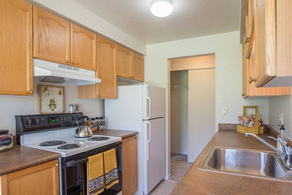 Andorra Apartments- Large kitchen with wooden cabinets and lots of storage space