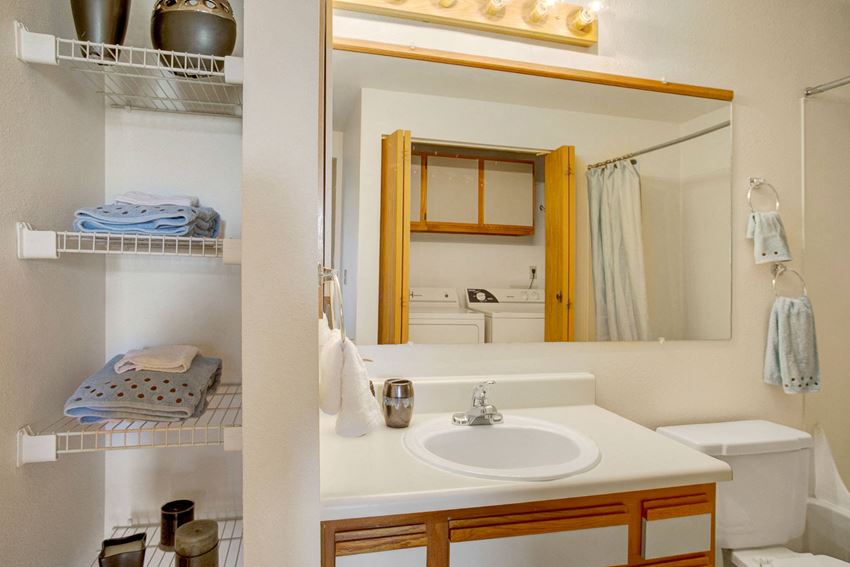 A bathroom with linen closet, shower and bathtub, and a full size washer and dryer Glennbrook Bathroom Apartments in Lynnwood, WA