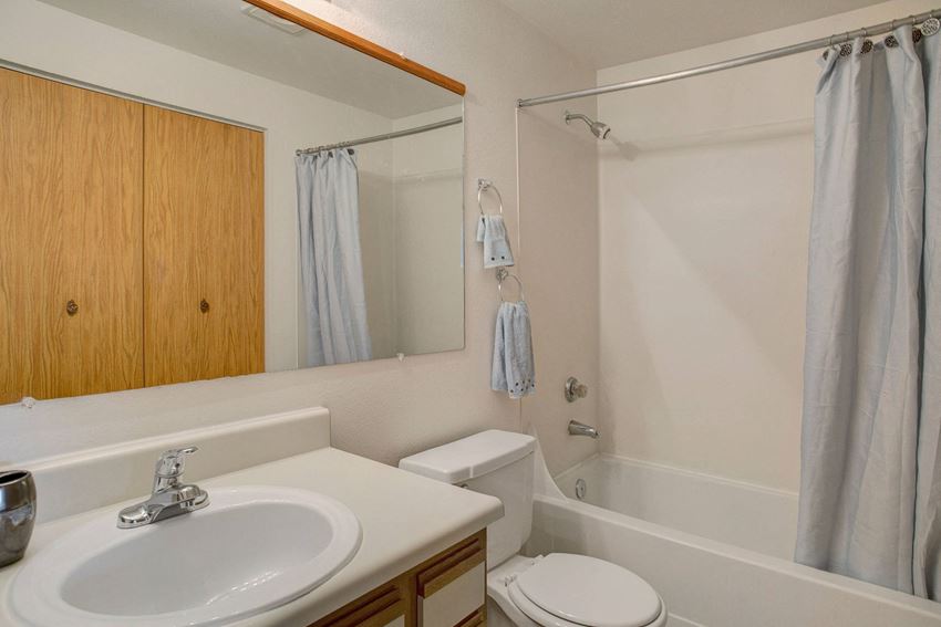 A bathroom with linen closet, shower and bathtub, and a full size washer and dryer Glennbrook Bathroom Apartments in Lynnwood, WA