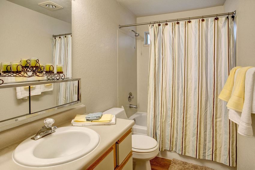 A bathroom with a shower and bathtub as well as storage above and below the sink Heron View Bathroom Apartments in Kenmore, WA - Photo Gallery