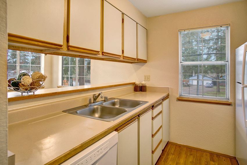 A kitchen with a window overlooking the property, lots of counter space, and plenty of cabinet storage space Heron View Kitchen Apartments in Kenmore, WA - Photo Gallery
