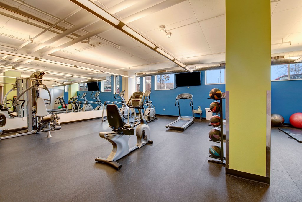 Modern gym at Avenir Apartments with exercise machines, including a treadmill and stationary bike, against a mirrored wall. Bright lighting and colorful medicine balls add vibrancy.