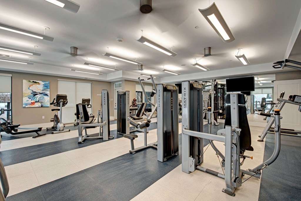 Spacious gym with various exercise machines, including ellipticals and weight stations. Bright lighting, modern decor, and an abstract painting enhance the ambiance at River House Apartments.