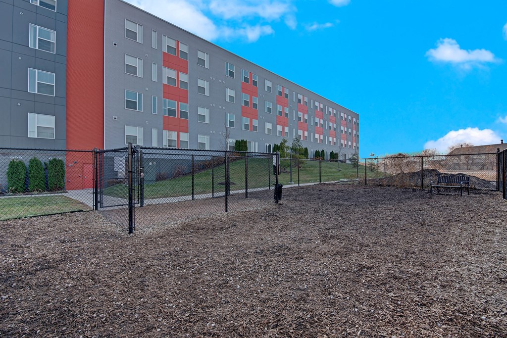 Fenced dog park with mulch ground in a modern residential area. Four-story gray and red apartment building in the background, under a bright blue sky at Stitchweld Apartments.