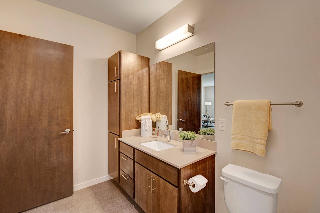 Spacious bathroom featuring wood cabinets and a large mirror above a sink. A soft yellow towel hangs near the white toilet and a small plant adds greenery at Stitchweld Apartments.