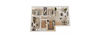 A top-down view of a well-organized apartment with a living area, kitchen, and bedroom.