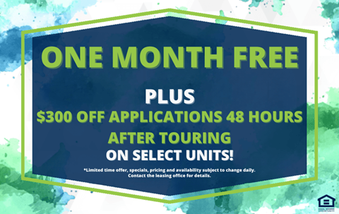 A promotional image offering a free month and $300 off on applications after touring select units.