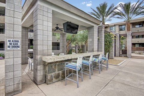 Outdoor lounge area here at Aspire at Pinnacle Peak Apartments with stone bar, colorful chairs, and TV under a shaded structure. Surrounded by palm trees, with a "No Alcohol, No Glass, No Smoking" sign.