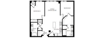 A black and white image of a house floor plan with two bedrooms, a living/dining room, a kitchen, and two bathrooms.