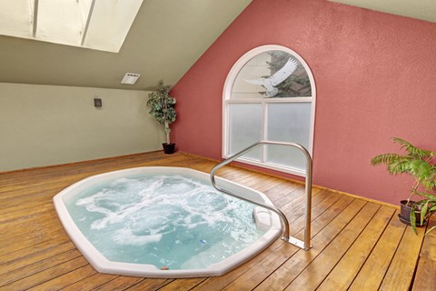 Indoor jacuzzi here at The Club at Eagle Pointe Apartments with bubbling water on wooden flooring, next to a large, arched window. Plants decorate the space, conveying a relaxing atmosphere.